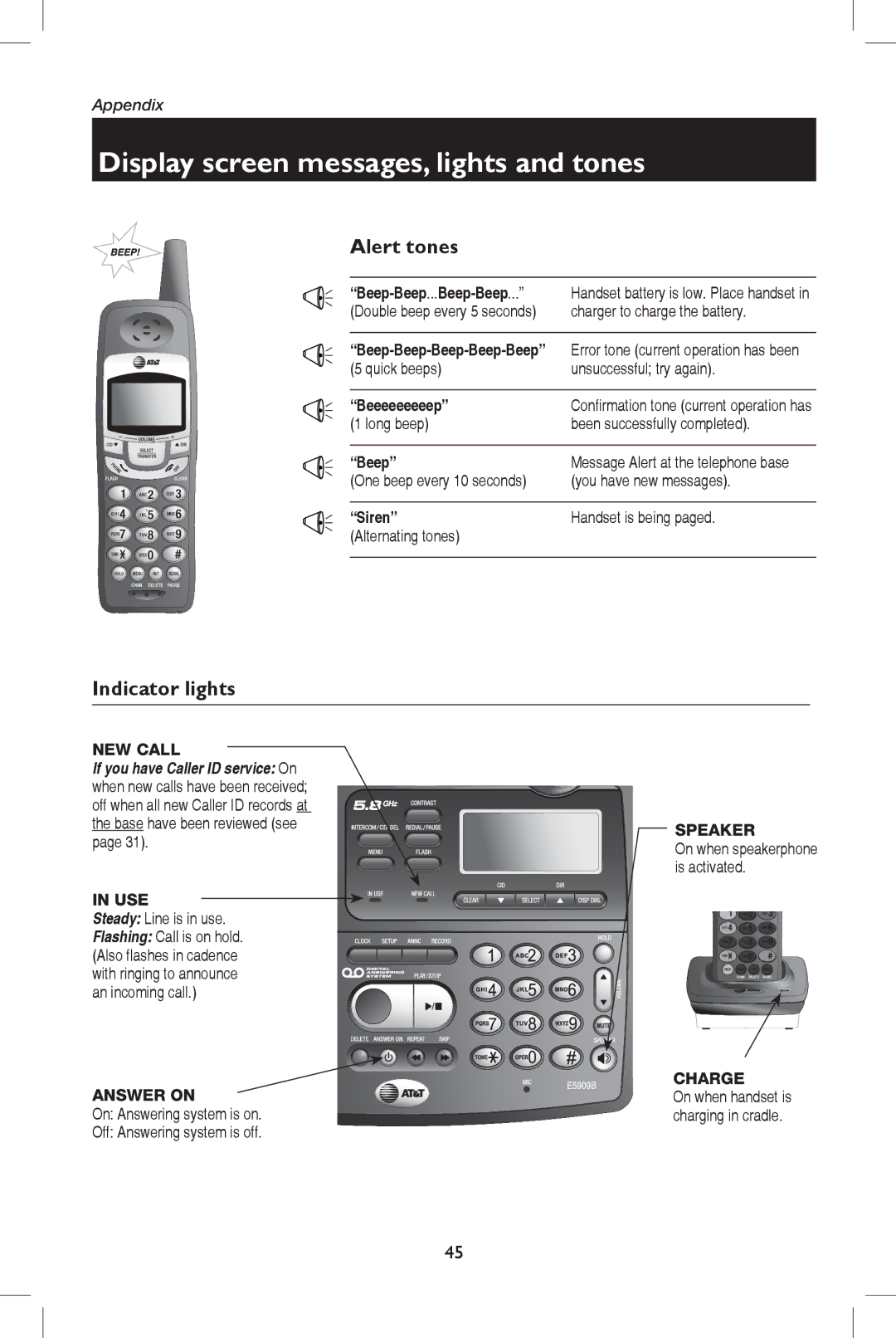 AT&T E5909B user manual Alert tones, Indicator lights 