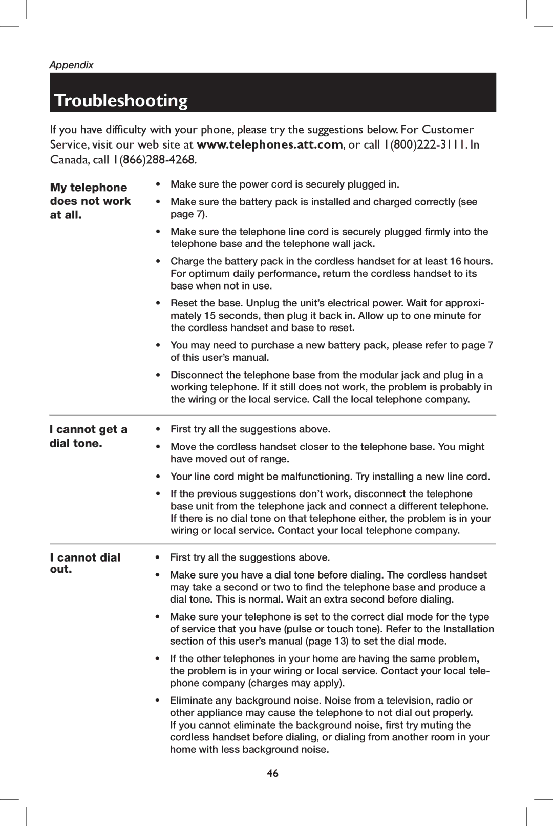 AT&T E5909B user manual Troubleshooting, My telephone does not work at all 