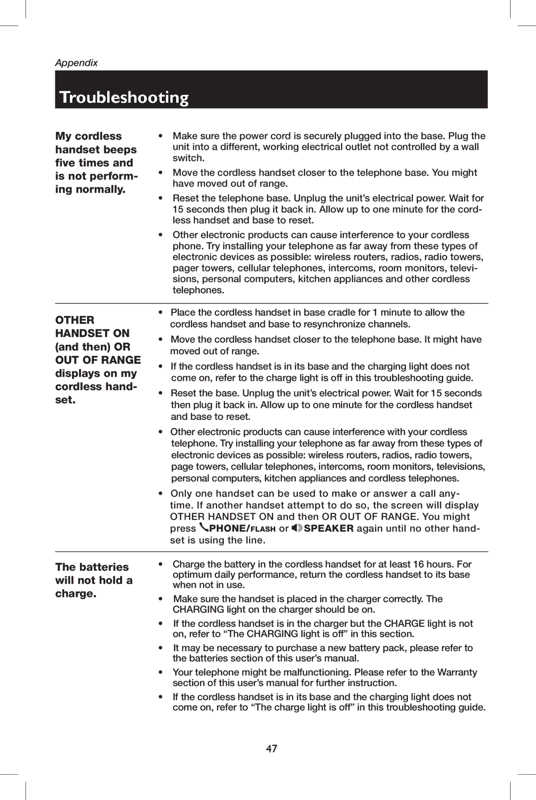 AT&T E5909B user manual Batteries will not hold a charge 