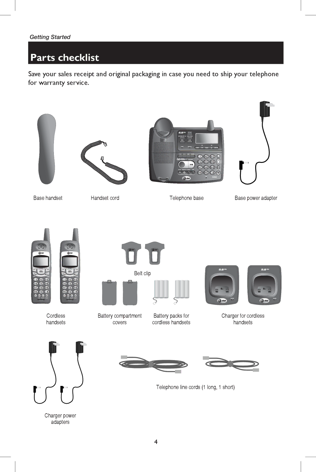 AT&T E5909B user manual Parts checklist, Base handset Handset cord Telephone base, Belt clip Cordless, Handsets 