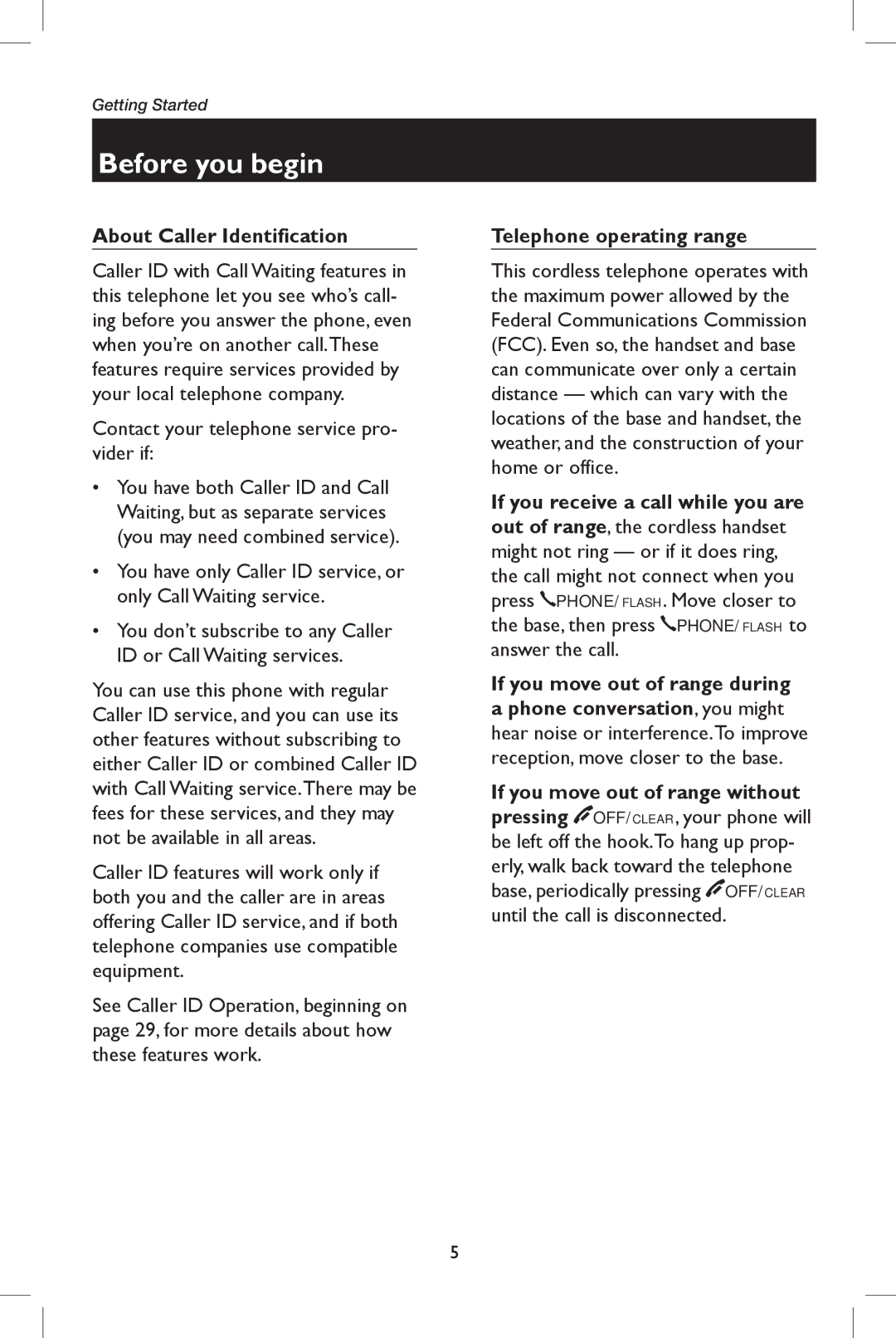 AT&T E5909B user manual Before you begin, About Caller Identification, Telephone operating range 