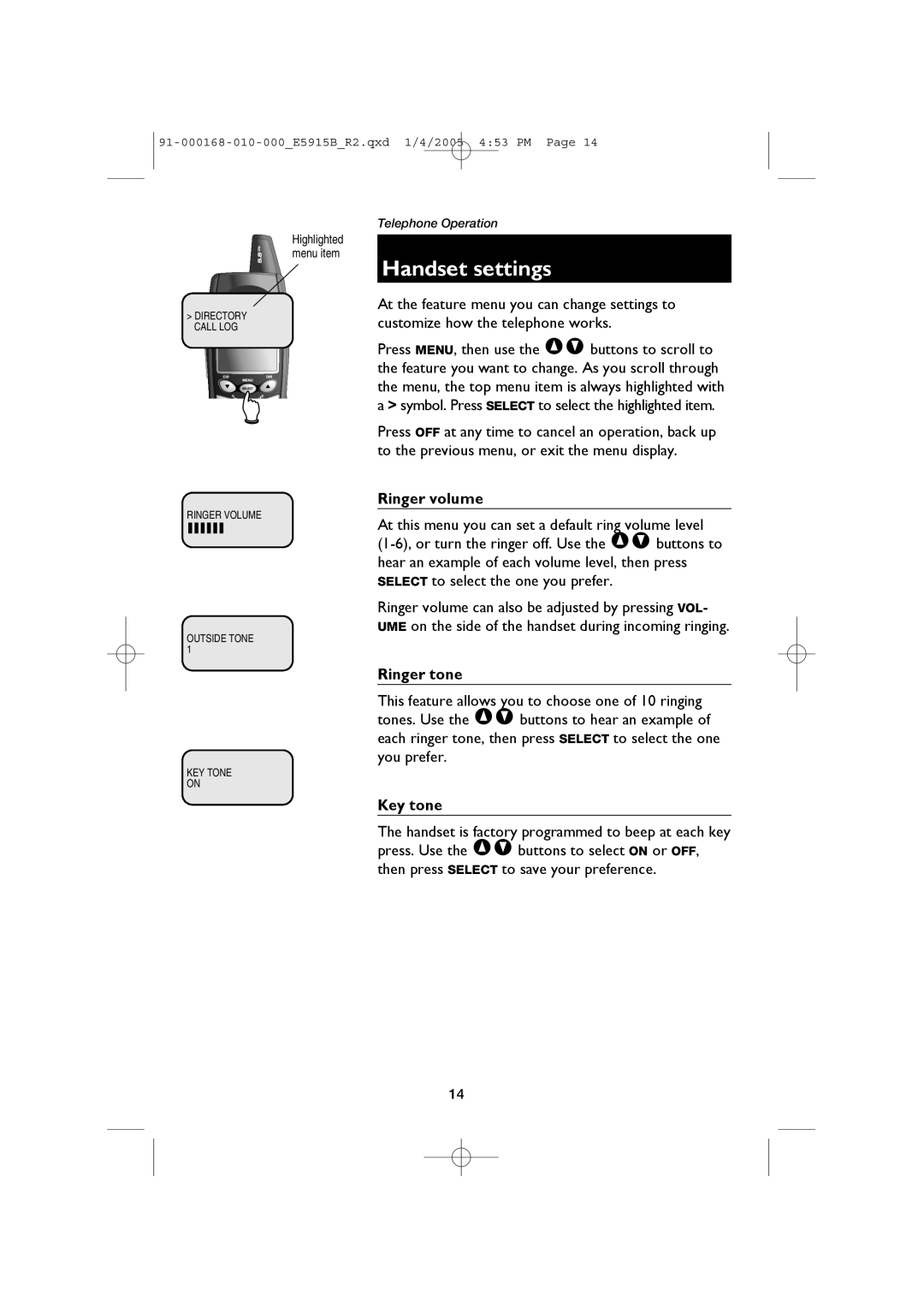 AT&T E5915B user manual Handset settings, Ringer volume, Ringer tone, Key tone 