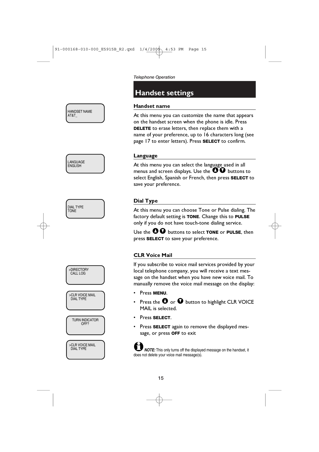 AT&T E5915B user manual Handset name, Language, Dial Type, CLR Voice Mail 