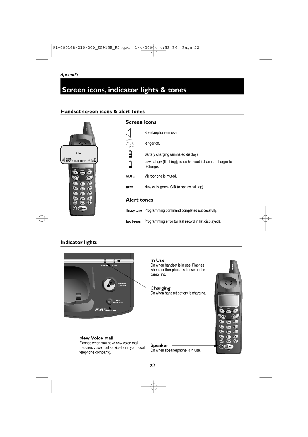 AT&T E5915B Screen icons, indicator lights & tones, Handset screen icons & alert tones, Alert tones, Indicator lights 