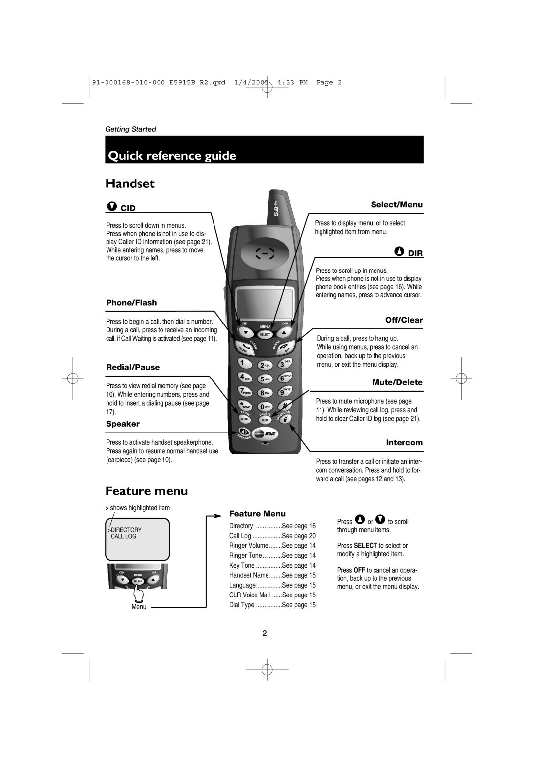 AT&T E5915B user manual Quick reference guide, Handset 