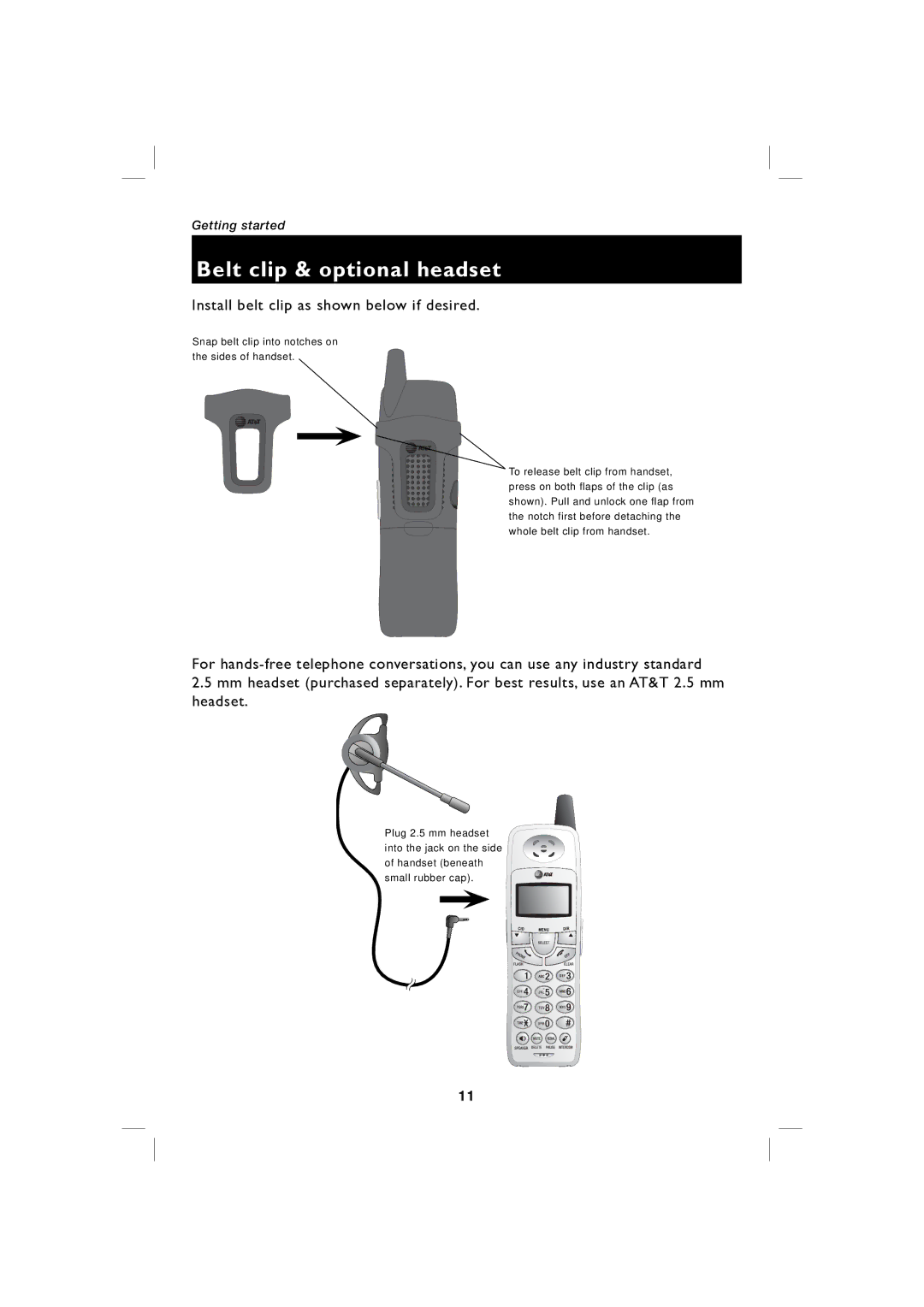 AT&T E5917 user manual Belt clip & optional headset, Install belt clip as shown below if desired 