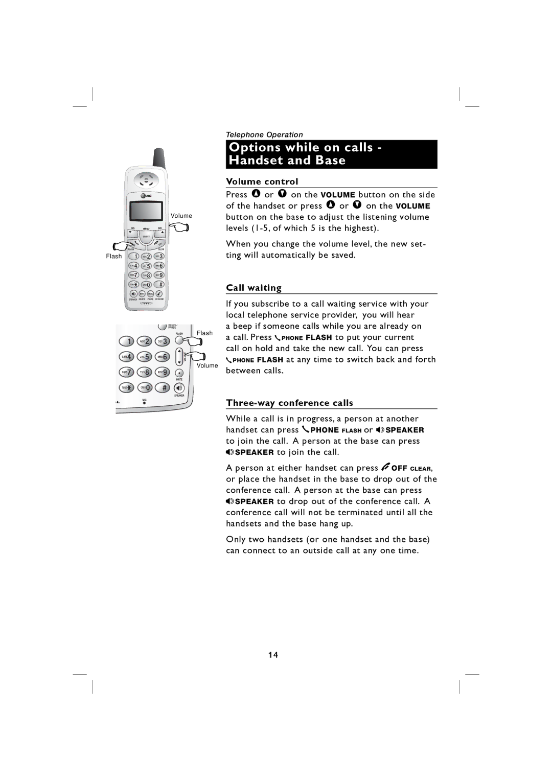 AT&T E5917 user manual Options while on calls Handset and Base, Volume control, Call waiting, Three-way conference calls 