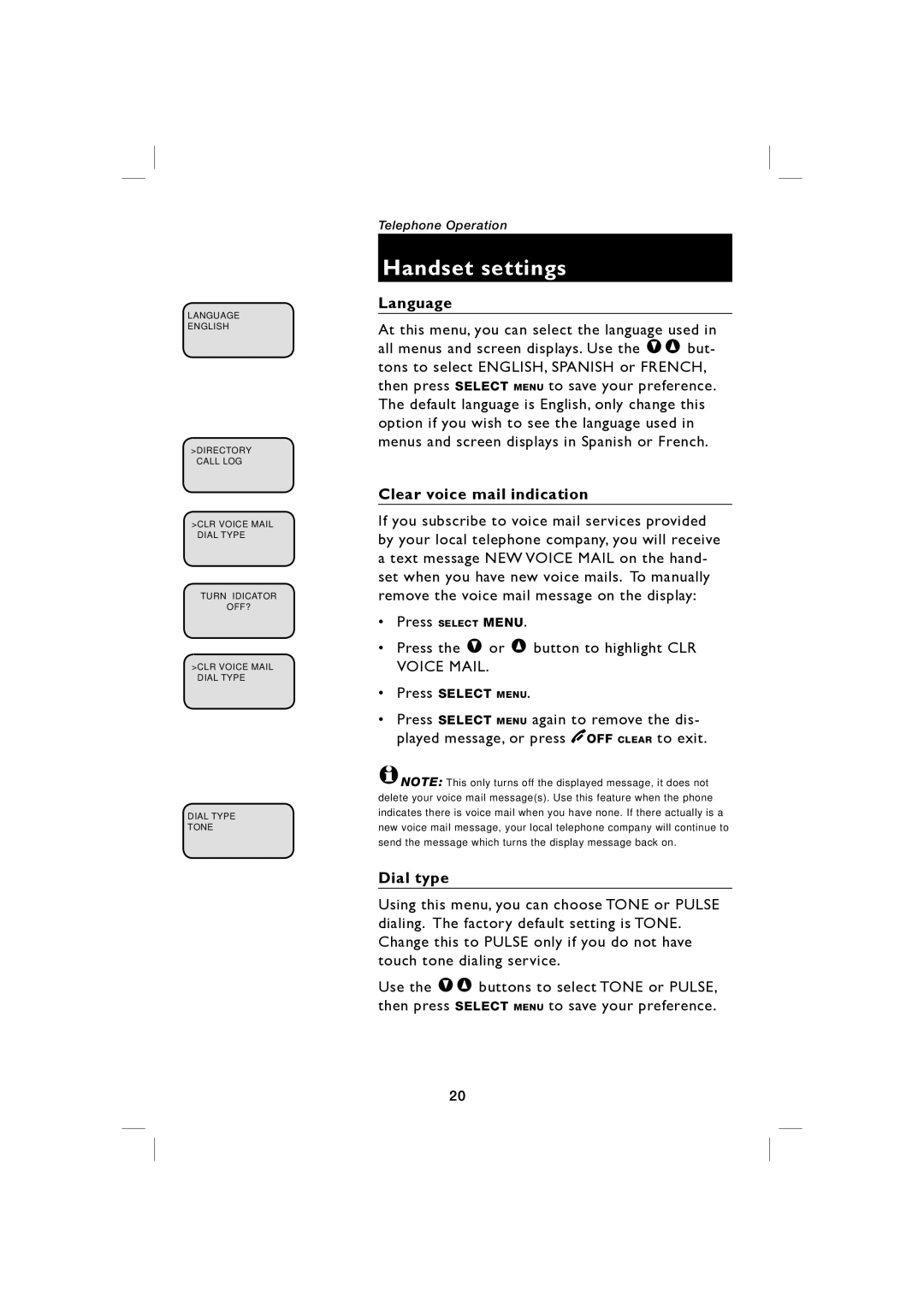 AT&T E5917 user manual Language, Clear voice mail indication, Dial type 