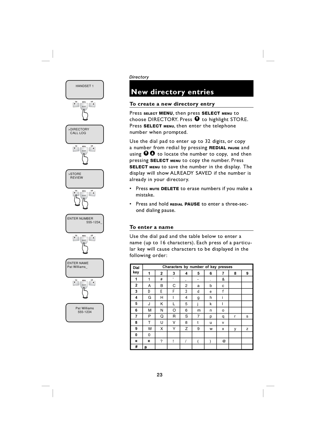 AT&T E5917 user manual New directory entries, To create a new directory entry, To enter a name 