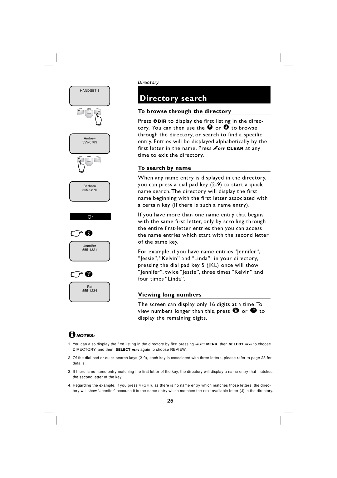 AT&T E5917 user manual Directory search, To browse through the directory, To search by name, Viewing long numbers 