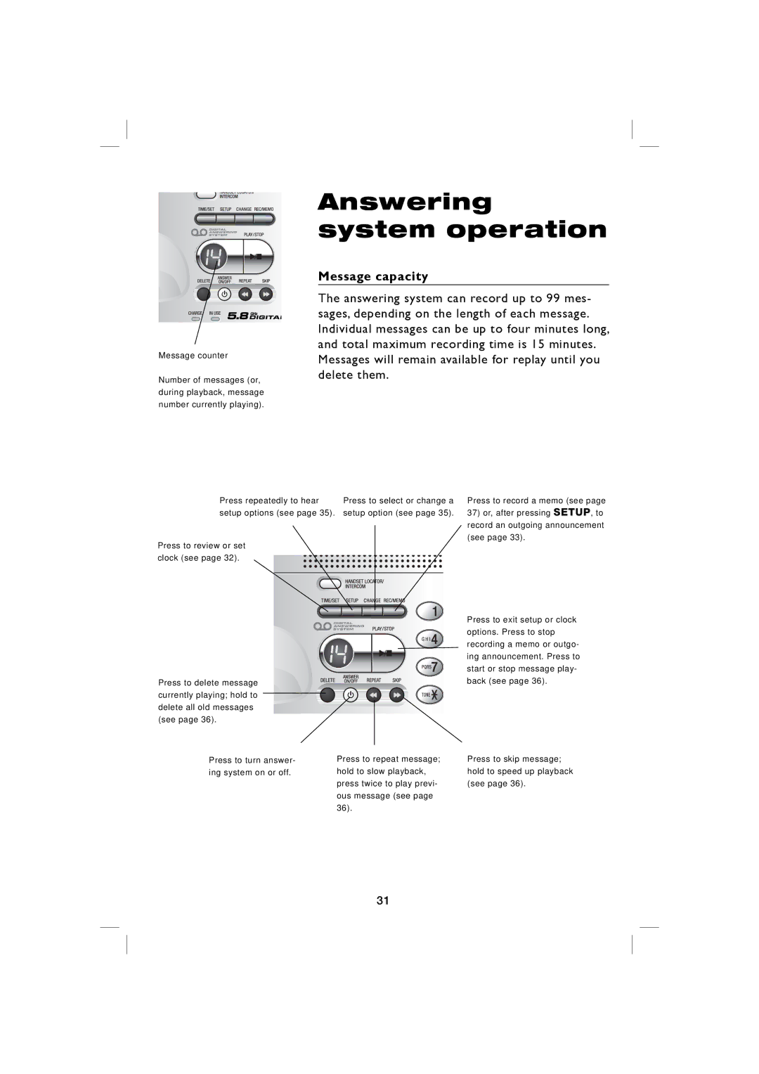 AT&T E5917 user manual Answering system operation, Message capacity 