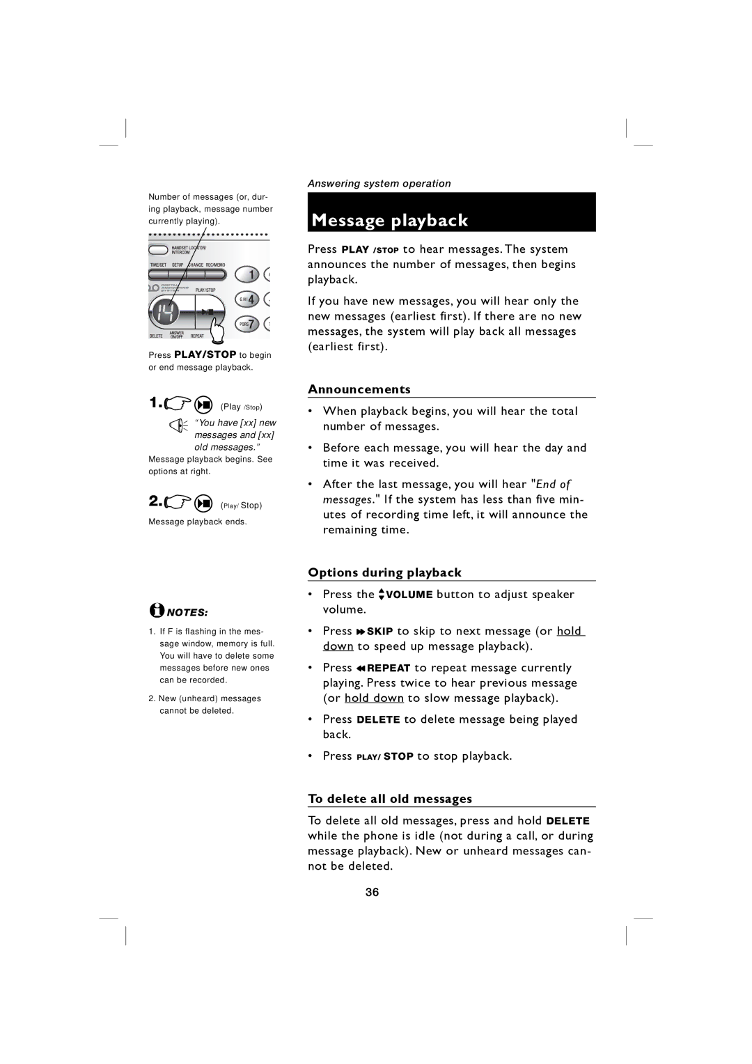 AT&T E5917 user manual Message playback, Announcements, Options during playback, To delete all old messages 