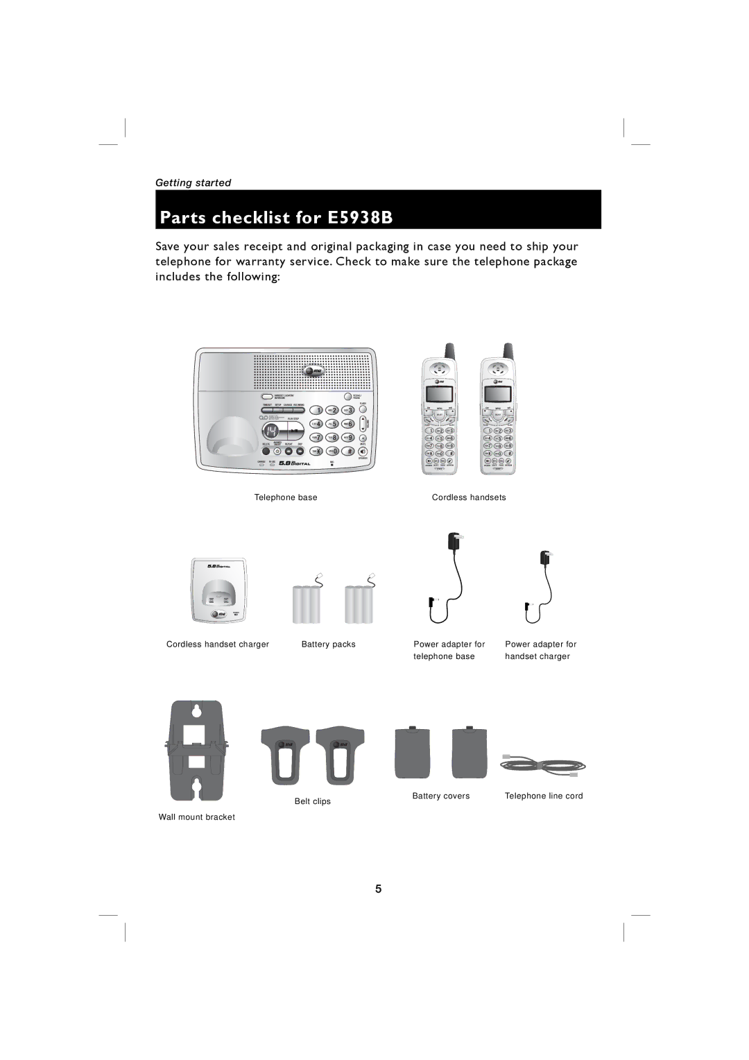 AT&T E5917 user manual Parts checklist for E5938B 