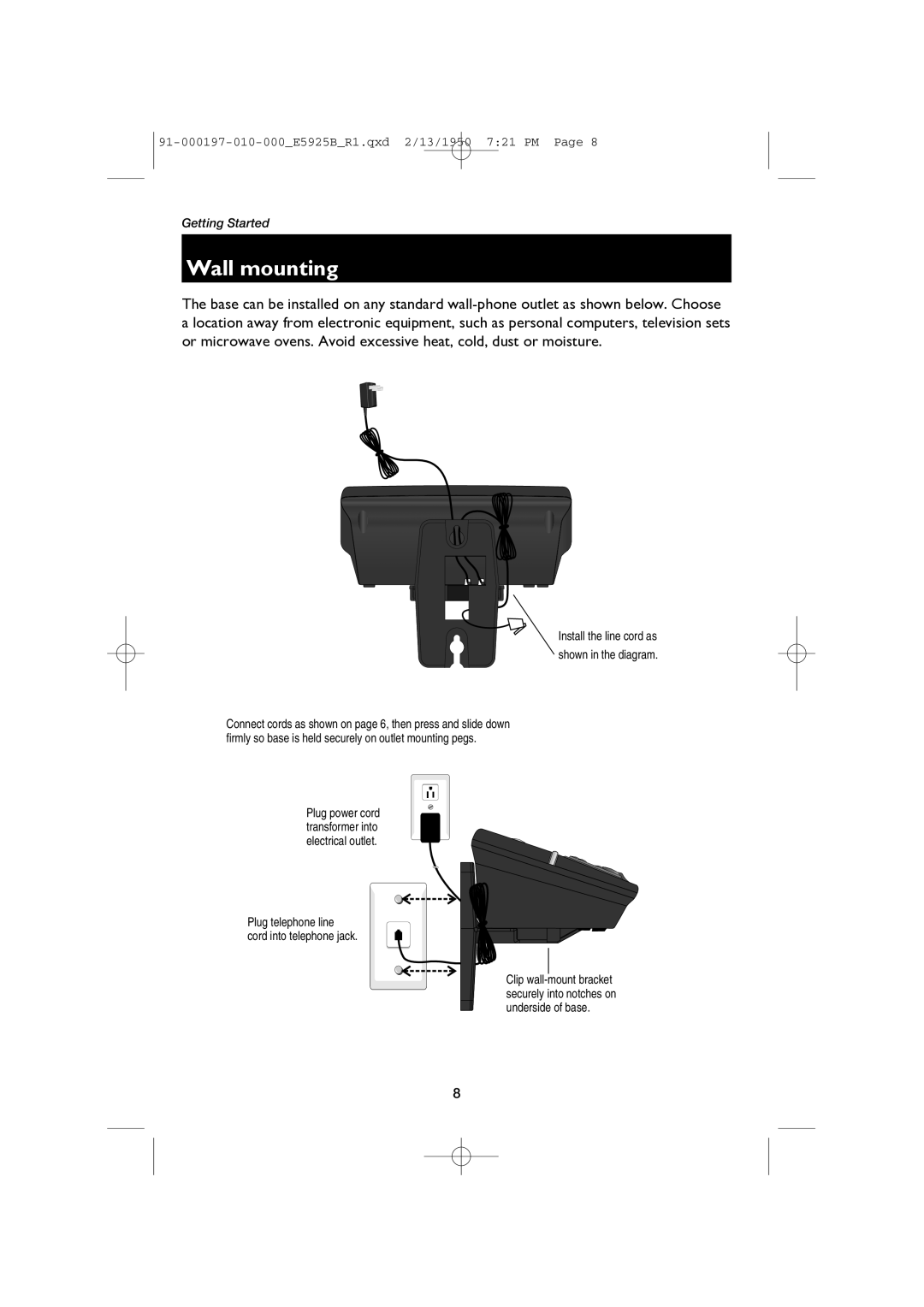 AT&T E5925B user manual Wall mounting, Install the line cord as Shown in the diagram 