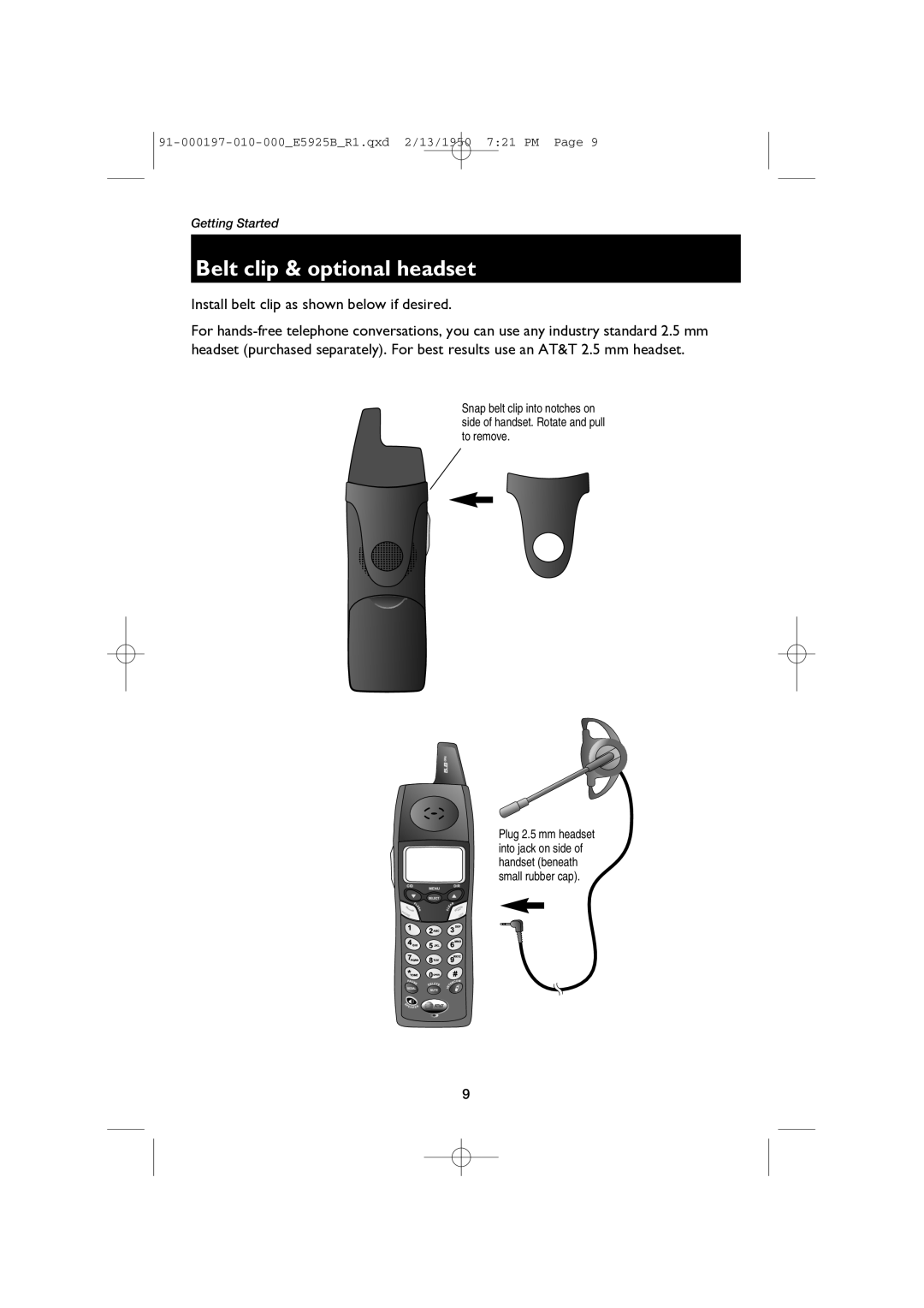 AT&T E5925B user manual Belt clip & optional headset, Install belt clip as shown below if desired 