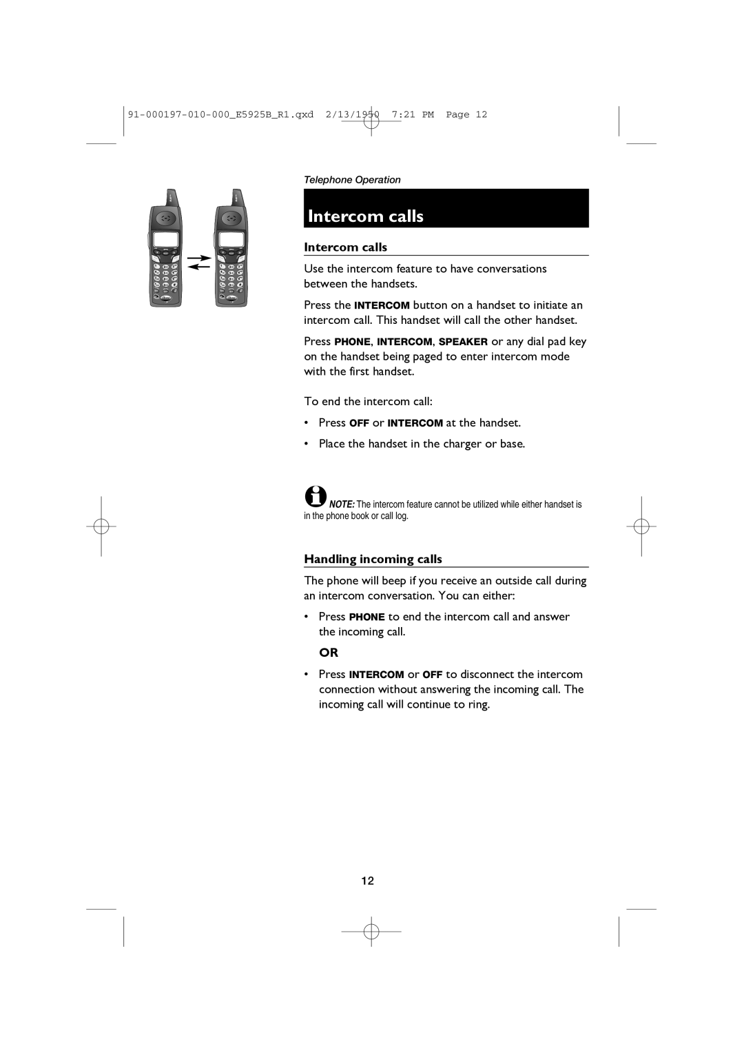 AT&T E5925B user manual Intercom calls, Handling incoming calls 