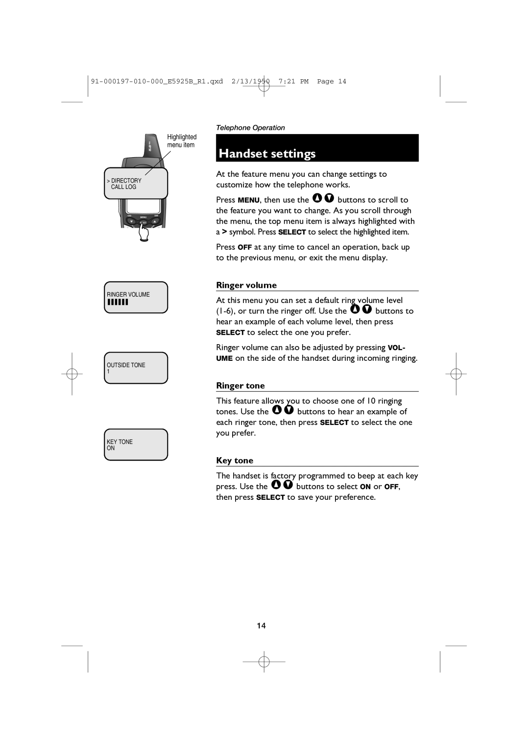 AT&T E5925B user manual Handset settings, Ringer volume, Ringer tone, Key tone 