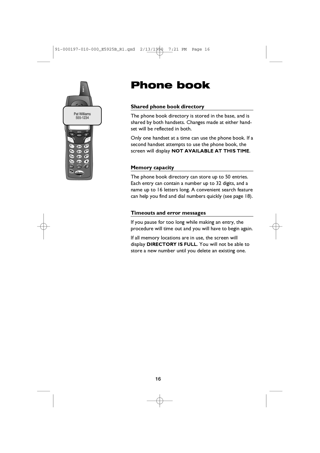 AT&T E5925B user manual Shared phone book directory, Memory capacity, Timeouts and error messages 