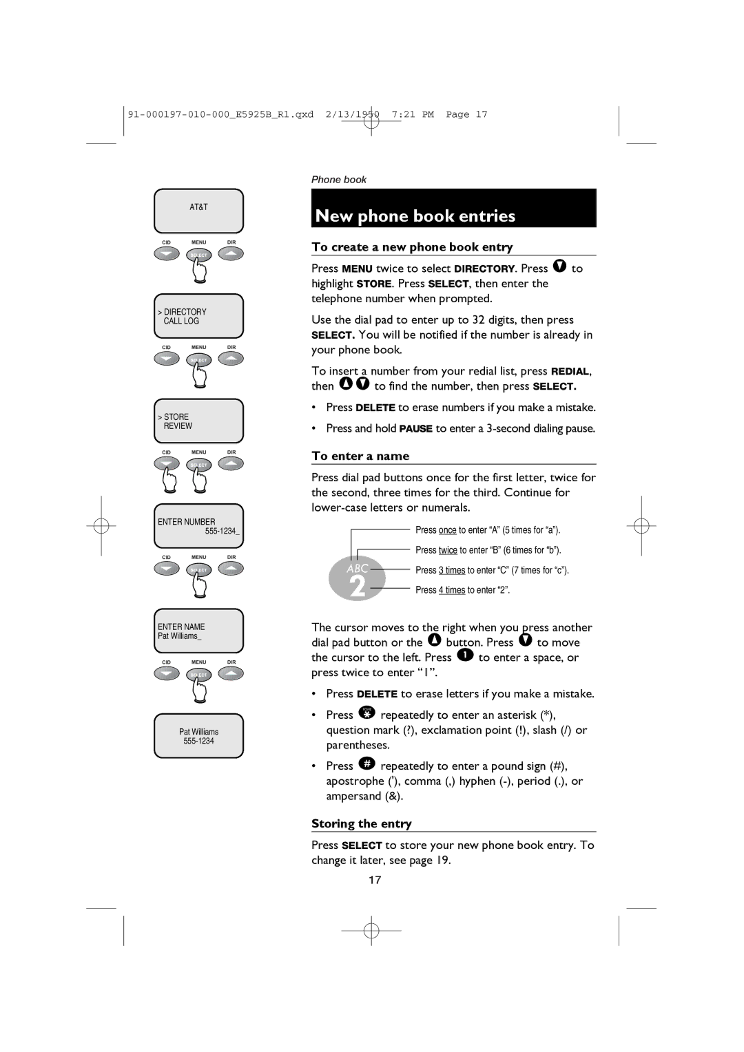 AT&T E5925B user manual New phone book entries, To create a new phone book entry, To enter a name, Storing the entry 