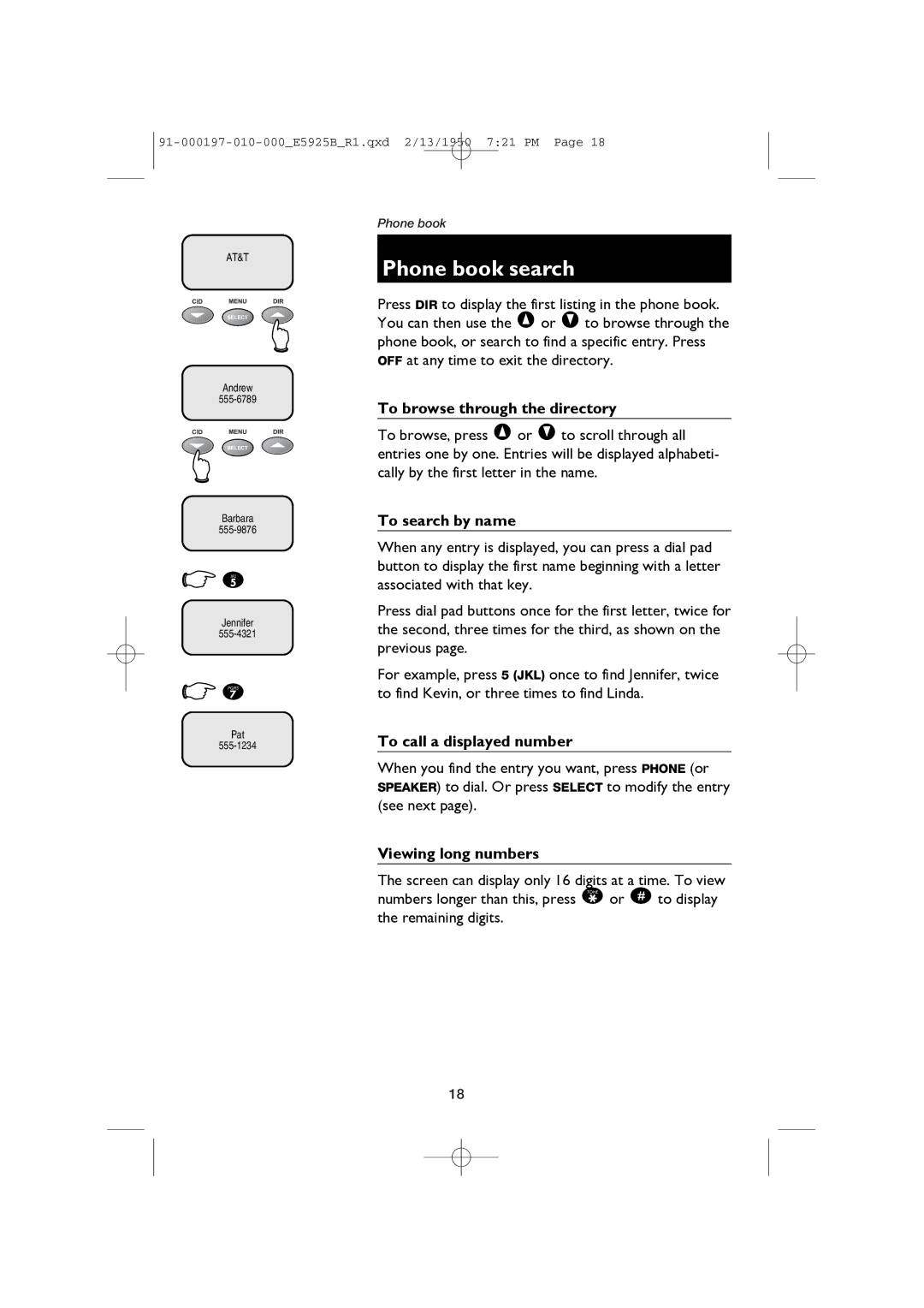 AT&T E5925B user manual Phone book search, To browse through the directory, To search by name, To call a displayed number 