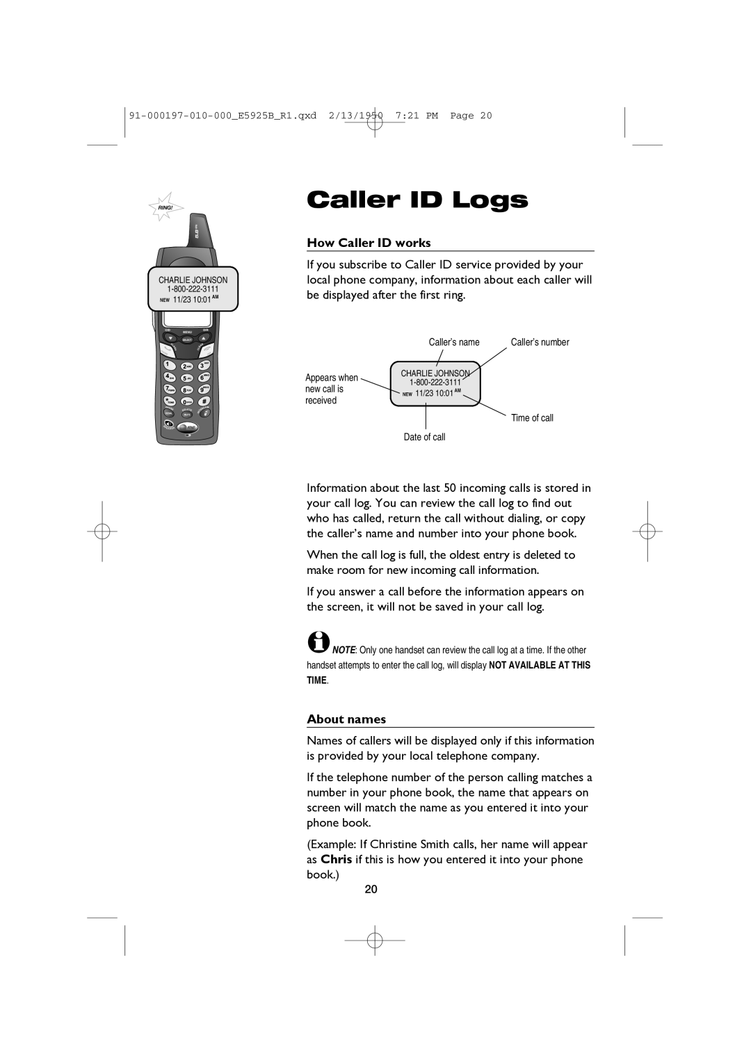 AT&T E5925B user manual How Caller ID works, About names, Appears when, New call is, Received Time of call Date of call 