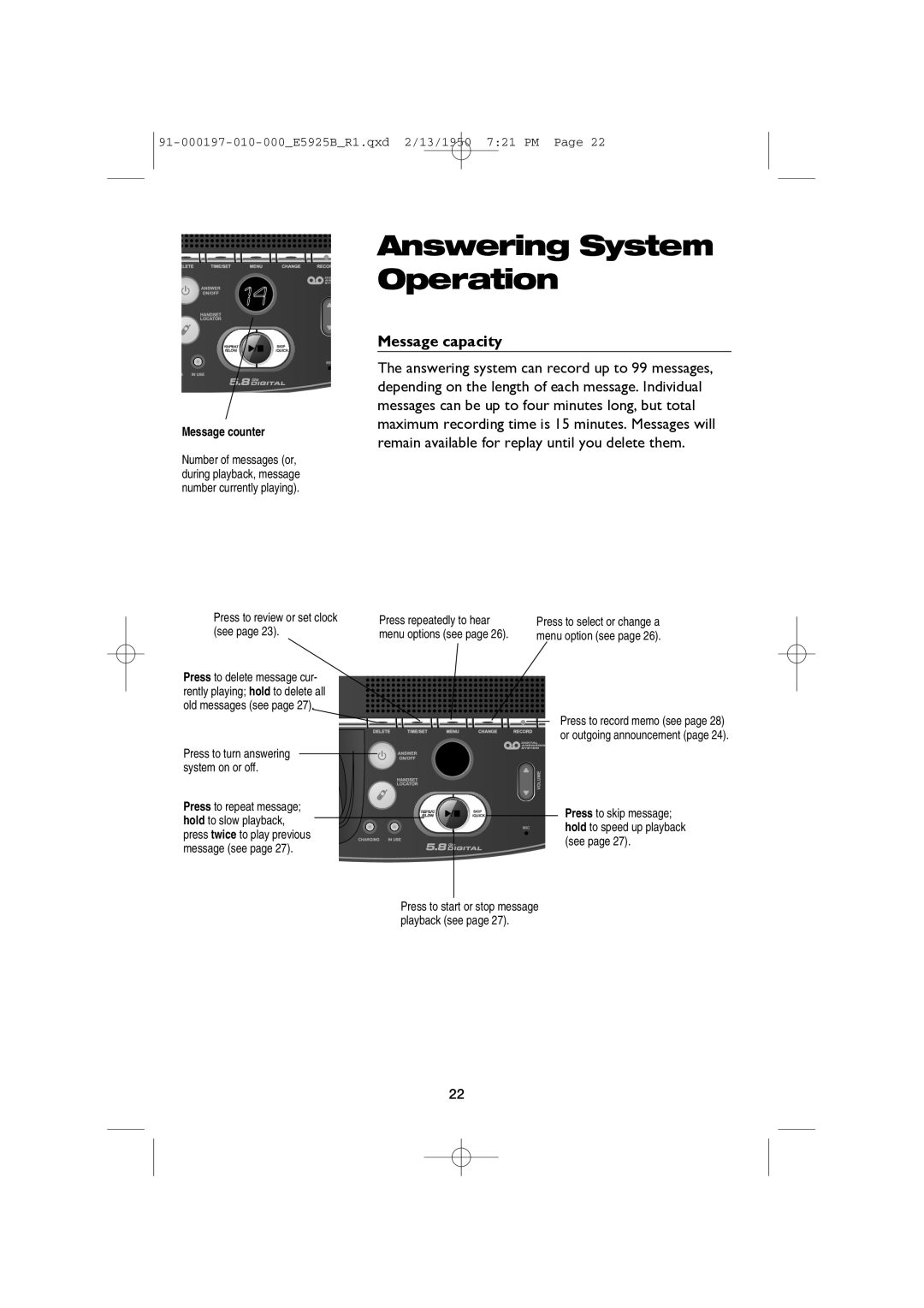 AT&T E5925B user manual Message capacity, Press to review or set clock see 