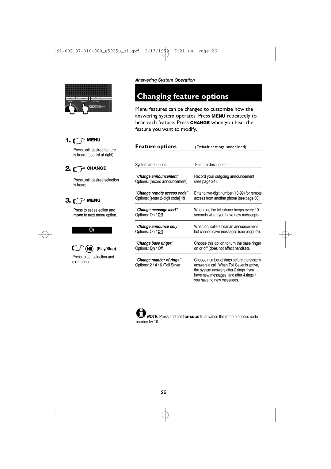 AT&T E5925B user manual Changing feature options, Feature options 