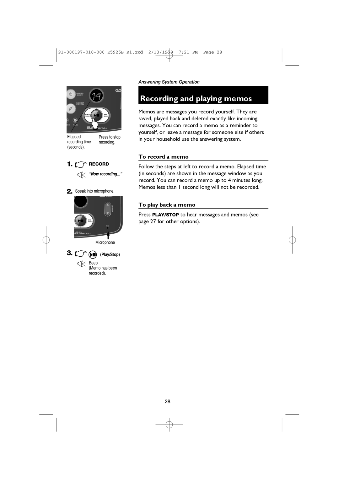 AT&T E5925B user manual Recording and playing memos, To record a memo, To play back a memo, Beep 