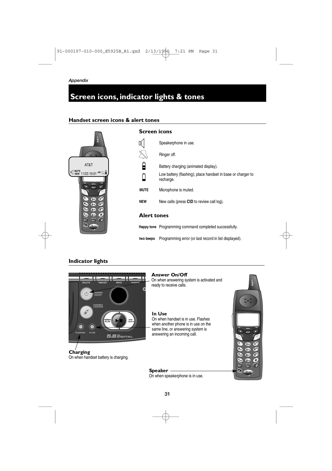 AT&T E5925B Screen icons, indicator lights & tones, Handset screen icons & alert tones, Alert tones, Indicator lights 