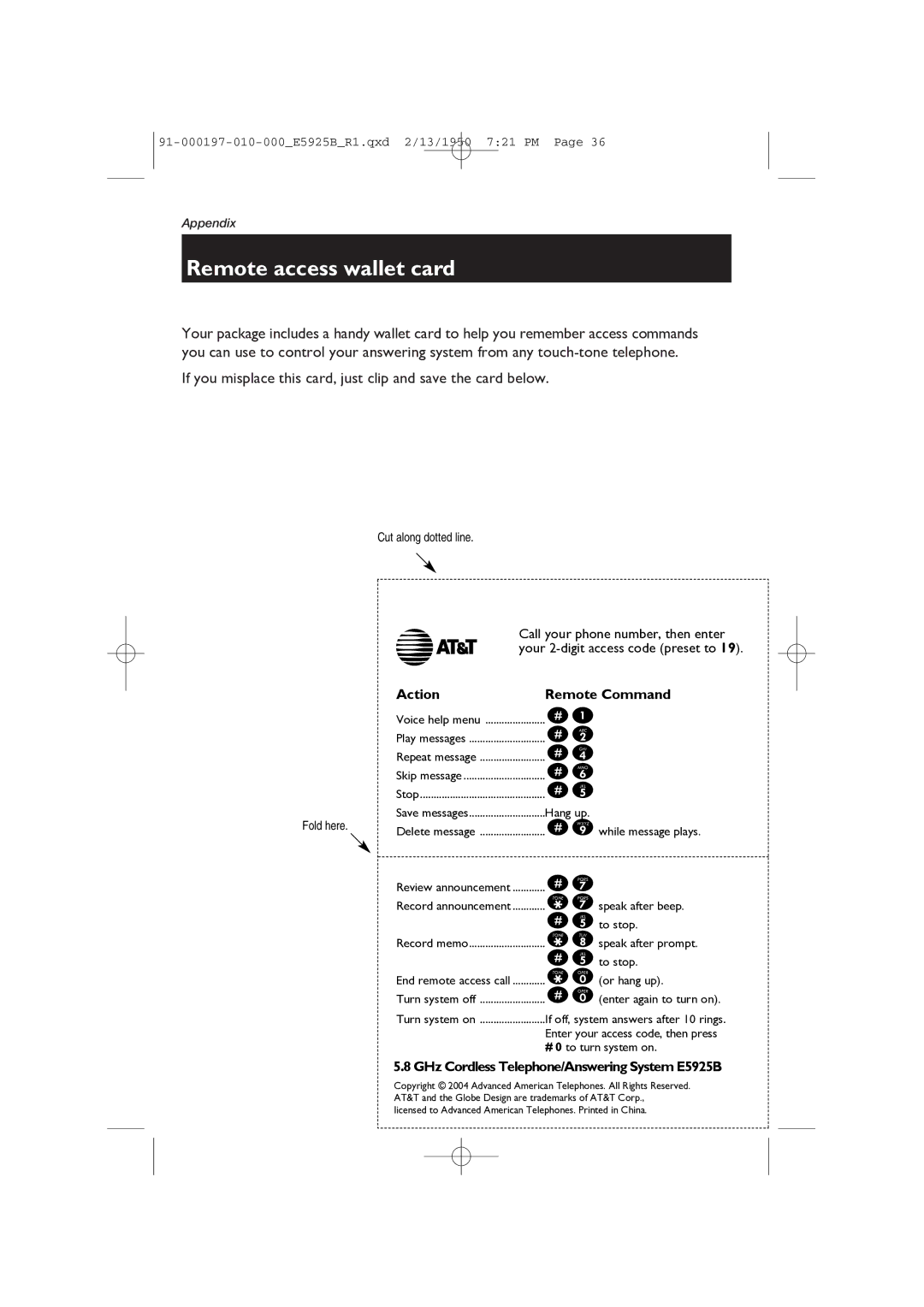 AT&T E5925B user manual Remote access wallet card, Cut along dotted line, Fold here 