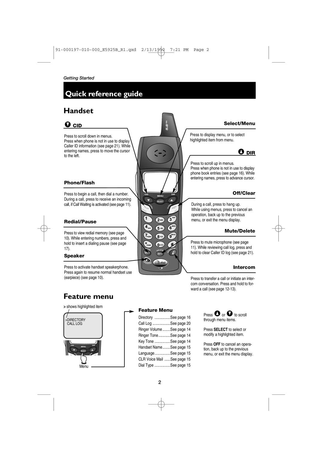 AT&T E5925B user manual Quick reference guide 