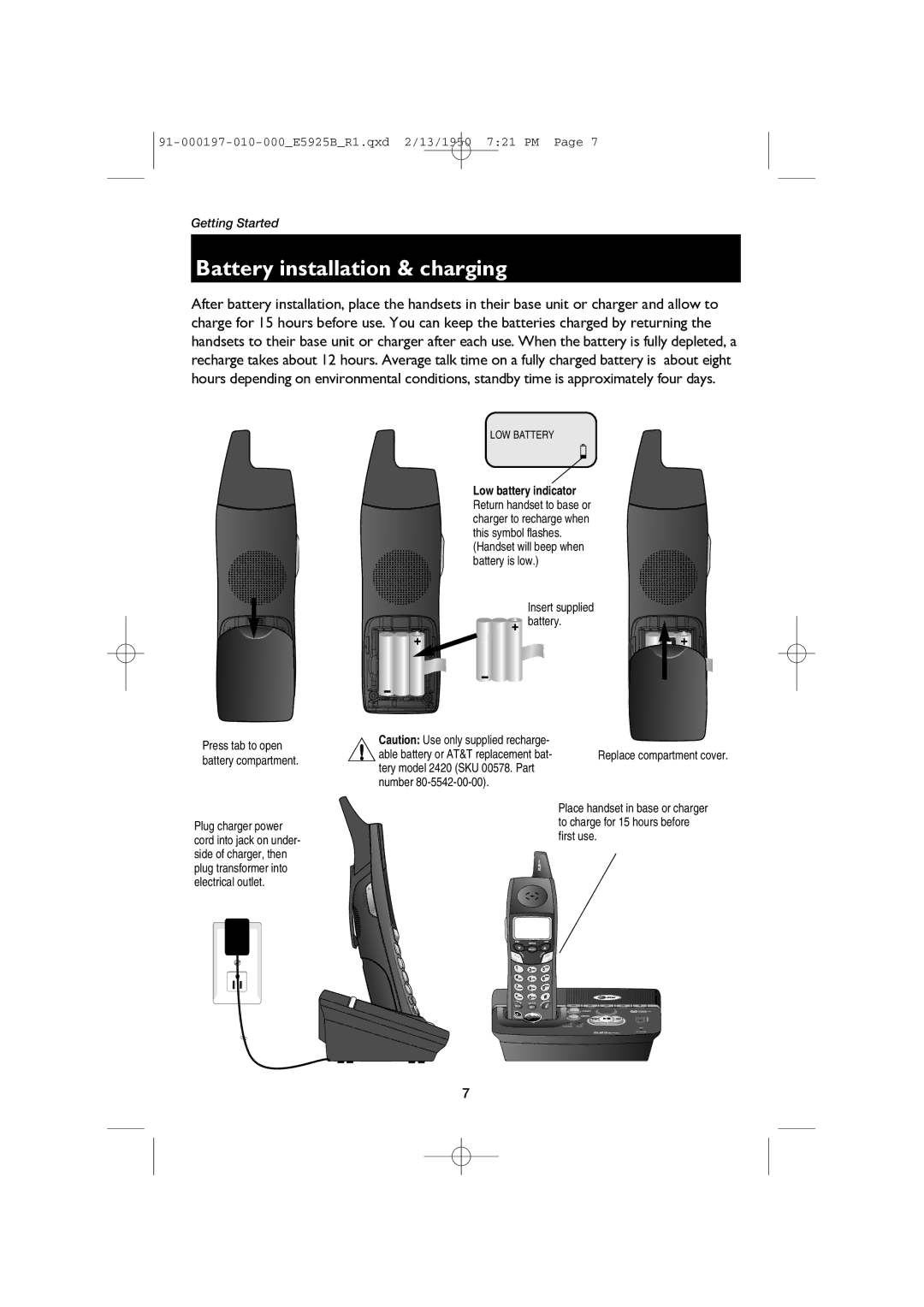 AT&T E5925B user manual Battery installation & charging, LOW Battery 