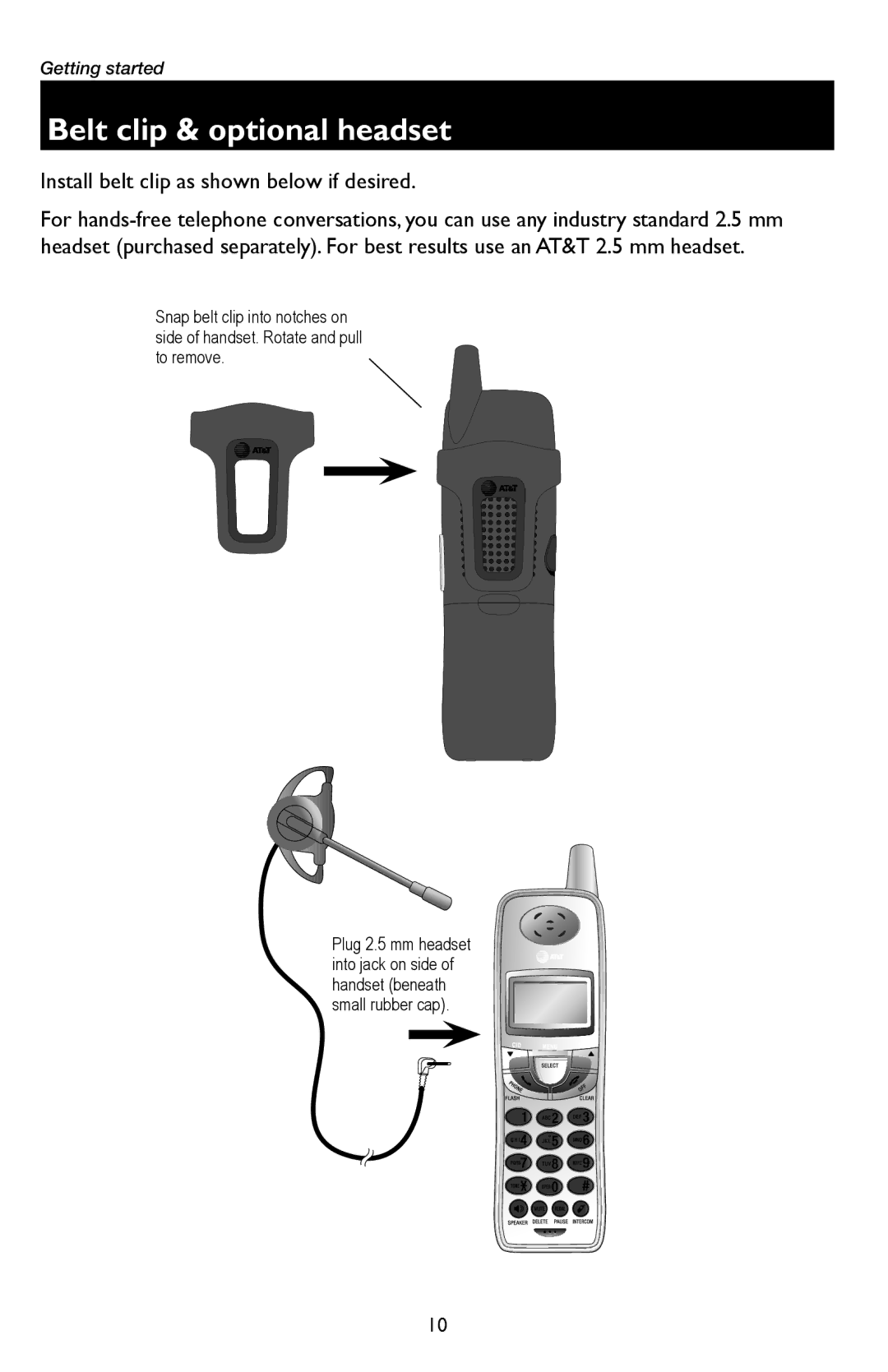 AT&T E5933B, E5934B user manual Belt clip & optional headset, Install belt clip as shown below if desired 