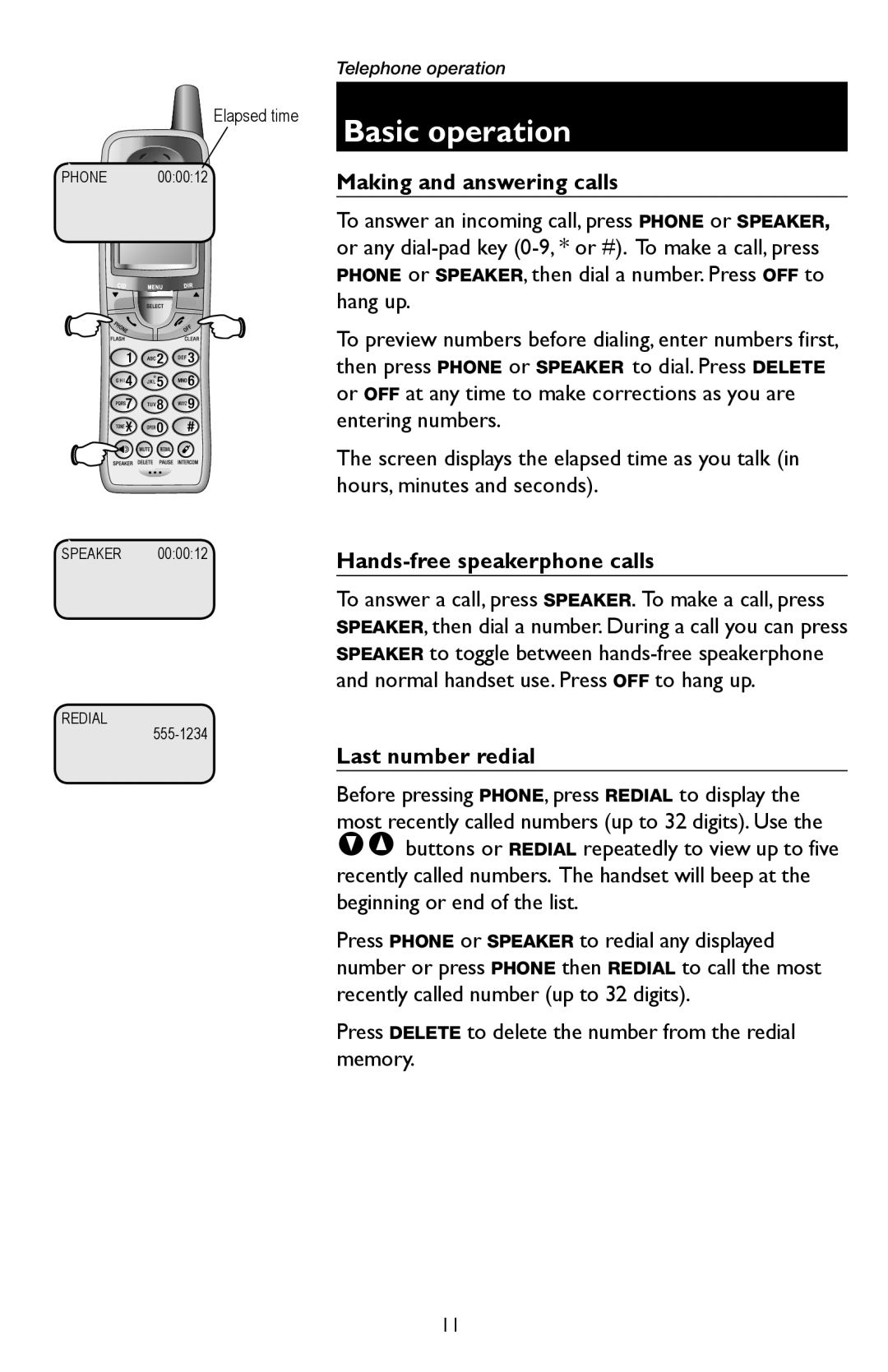 AT&T E5934B, E5933B Basic operation, Making and answering calls, Hands-free speakerphone calls, Last number redial 