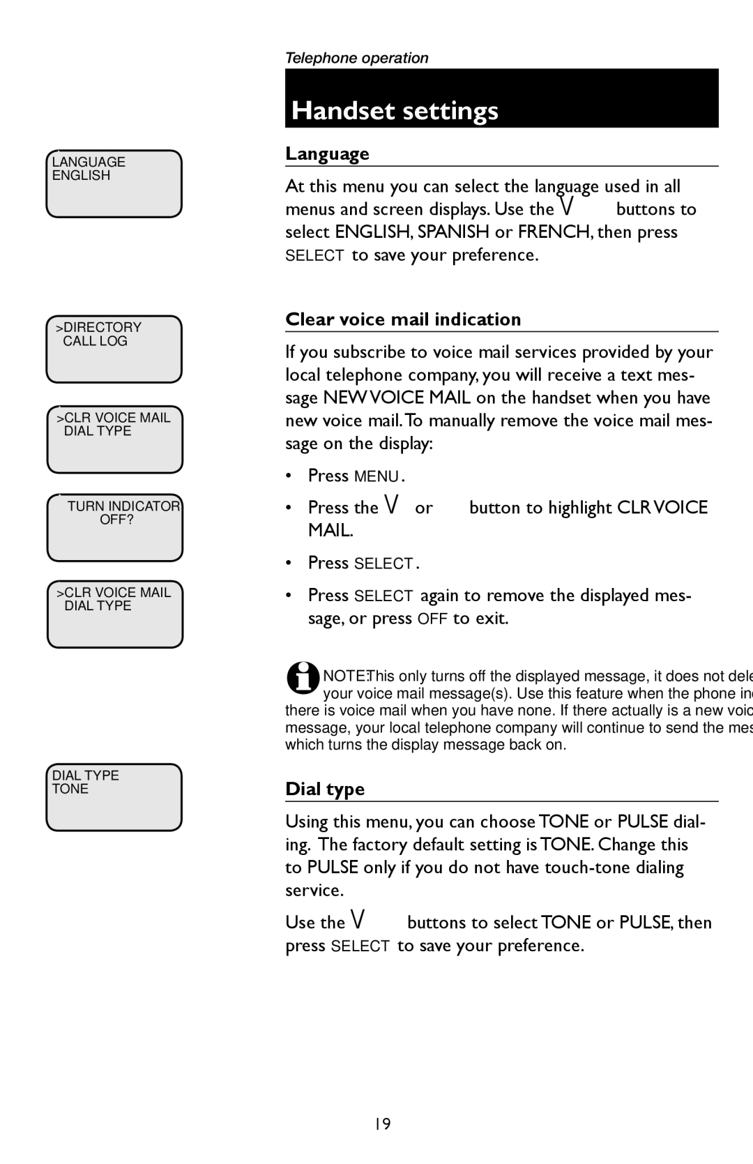 AT&T E5934B, E5933B user manual Language, Clear voice mail indication, Dial type 