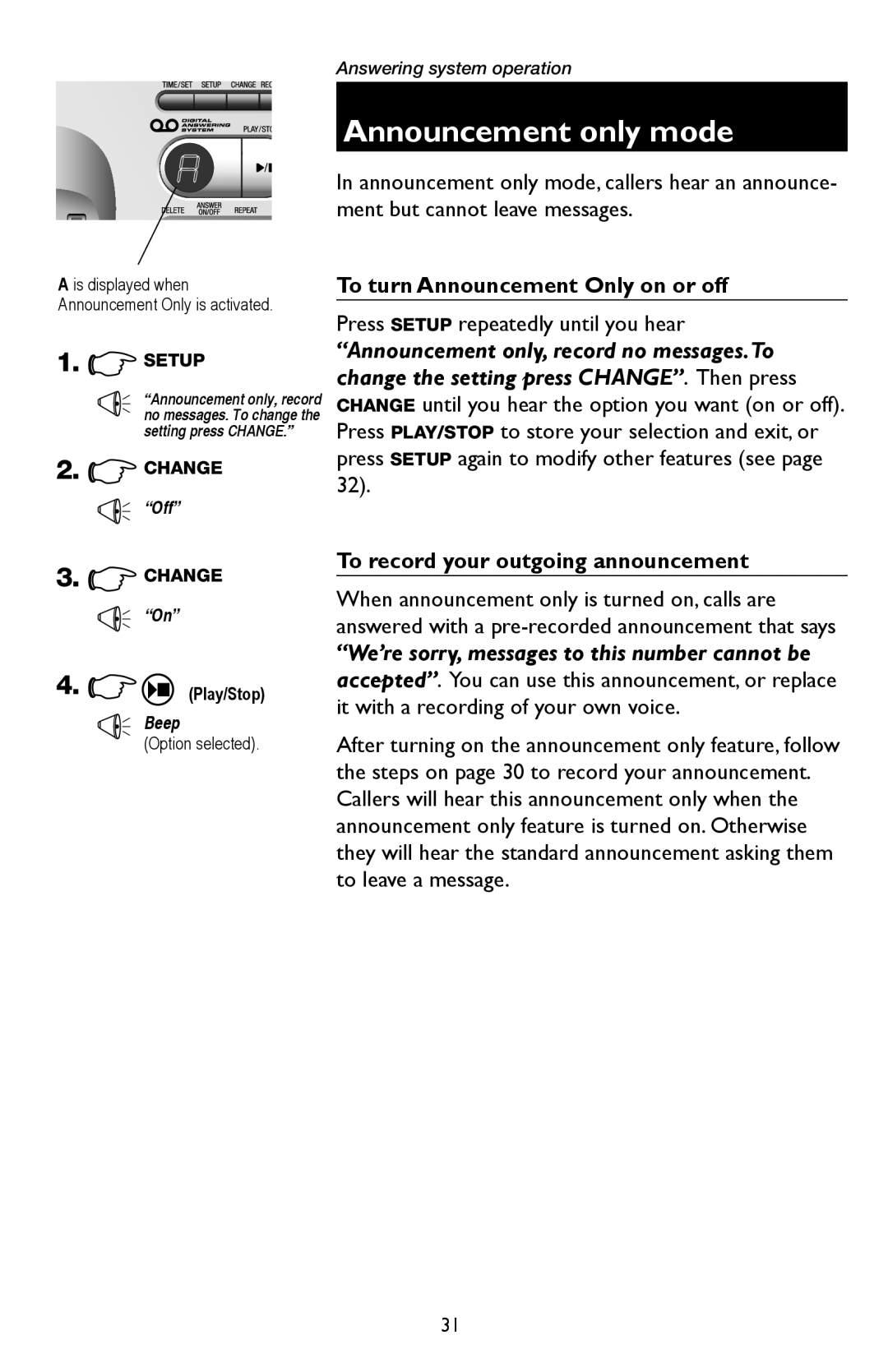 AT&T E5934B, E5933B user manual Announcement only mode, To turn Announcement Only on or off 