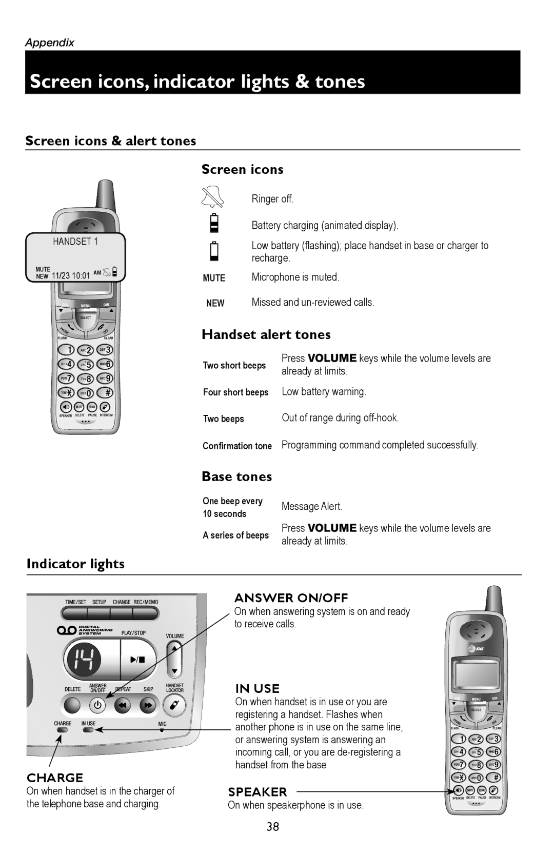 AT&T E5933B, E5934B user manual Screen icons & alert tones, Handset alert tones, Base tones, Indicator lights 