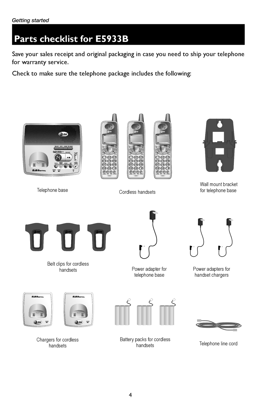 AT&T E5934B user manual Parts checklist for E5933B, Cordless handsets 