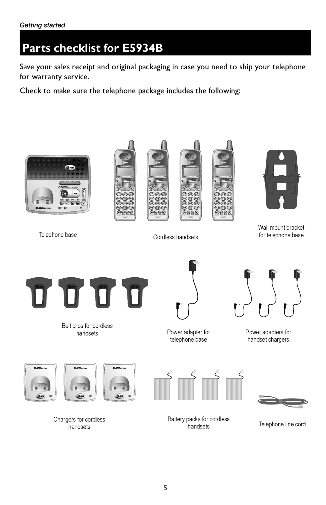 AT&T E5933B user manual Parts checklist for E5934B 