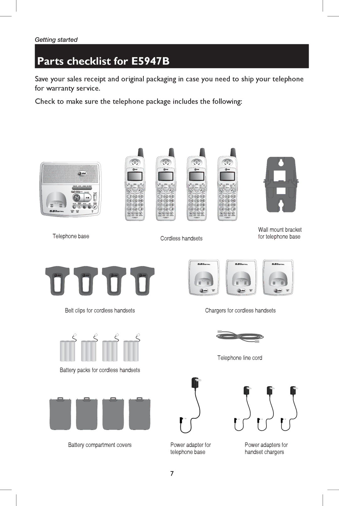 AT&T E5937 user manual Parts checklist for E5947B, Belt clips for cordless handsets 