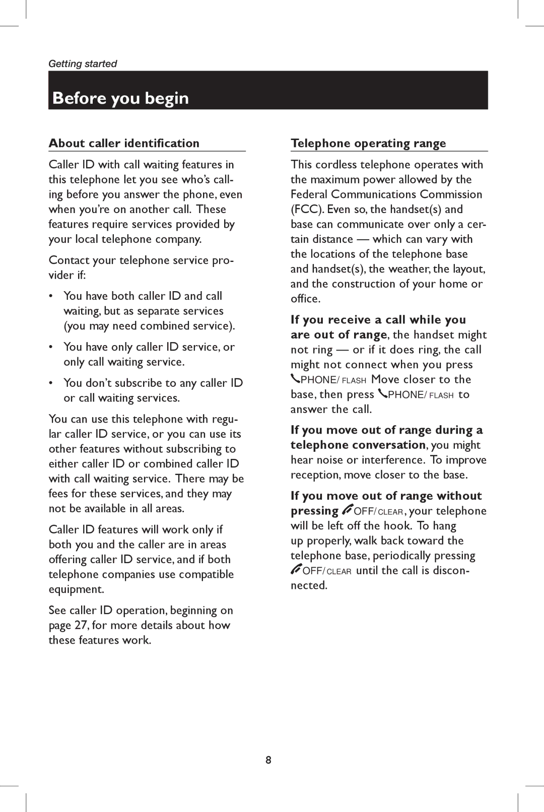 AT&T E5937 user manual Before you begin, About caller identification, Telephone operating range 