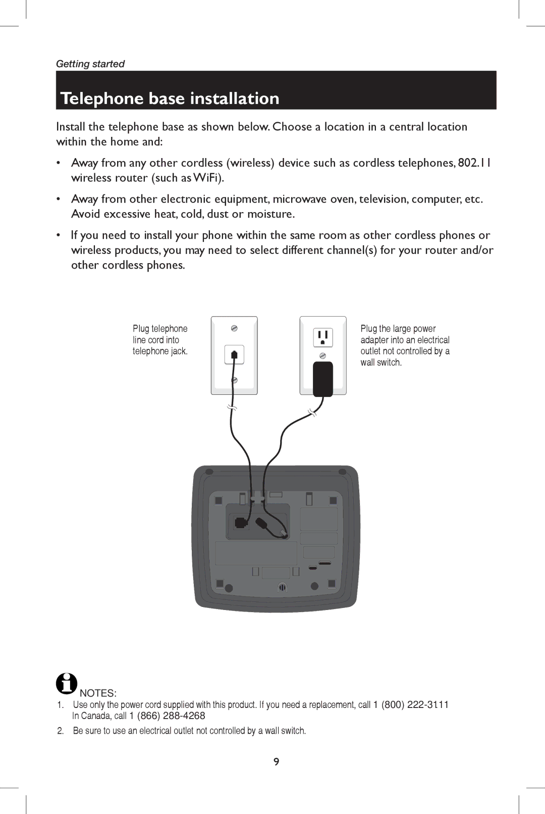 AT&T E5937 user manual Telephone base installation, Plug telephone, Line cord into, Telephone jack, Wall switch 