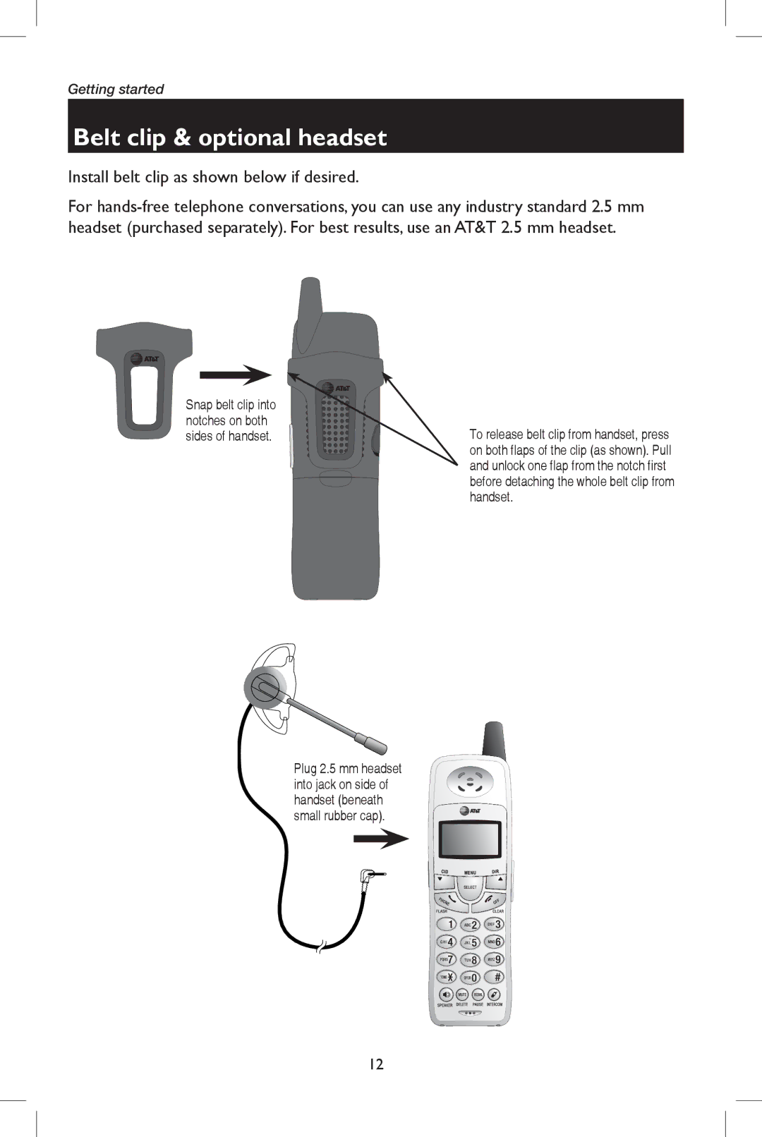 AT&T E5937 user manual Belt clip & optional headset, Install belt clip as shown below if desired 