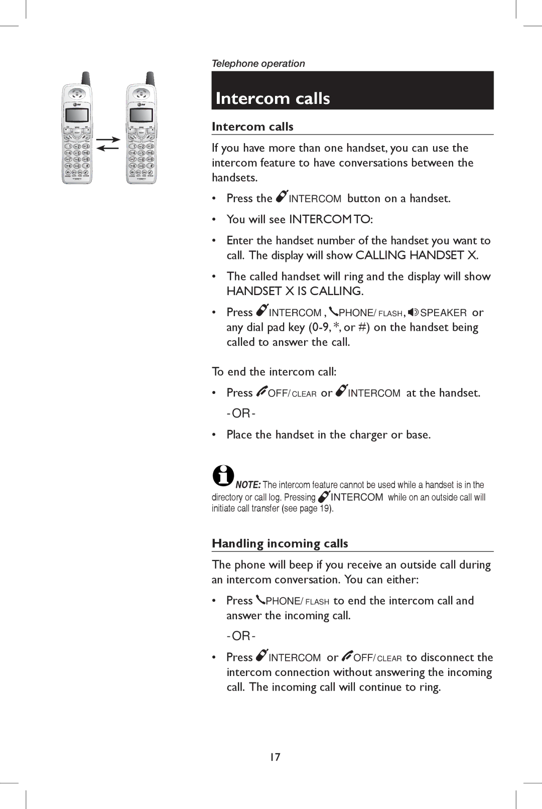 AT&T E5937 user manual Intercom calls, Handling incoming calls 