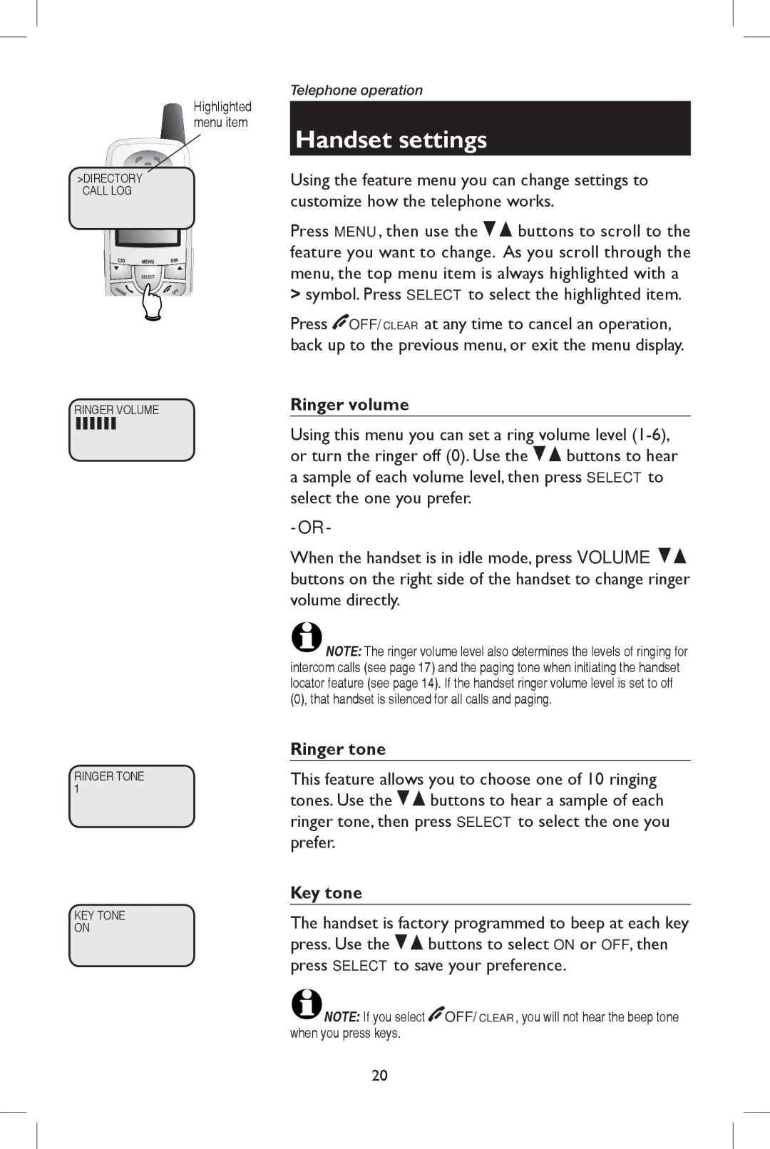 AT&T E5937 user manual Handset settings, Ringer volume, Ringer tone, Key tone 