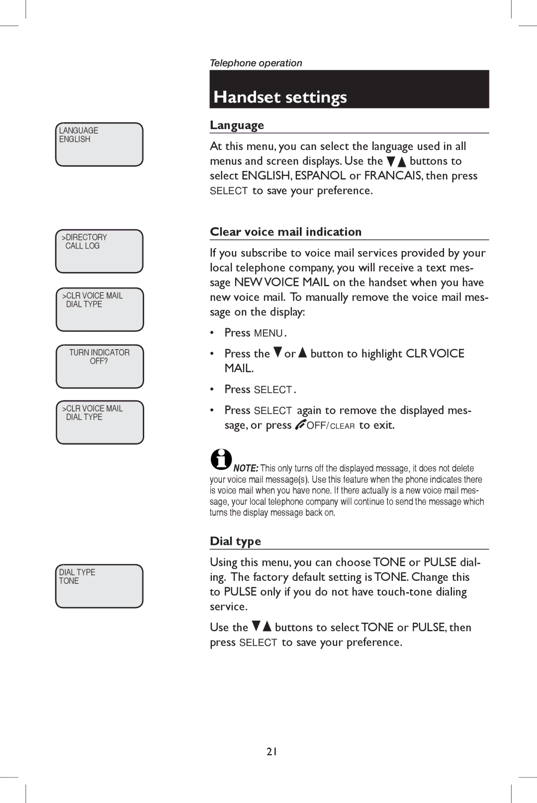 AT&T E5937 user manual Language, Clear voice mail indication, Dial type 