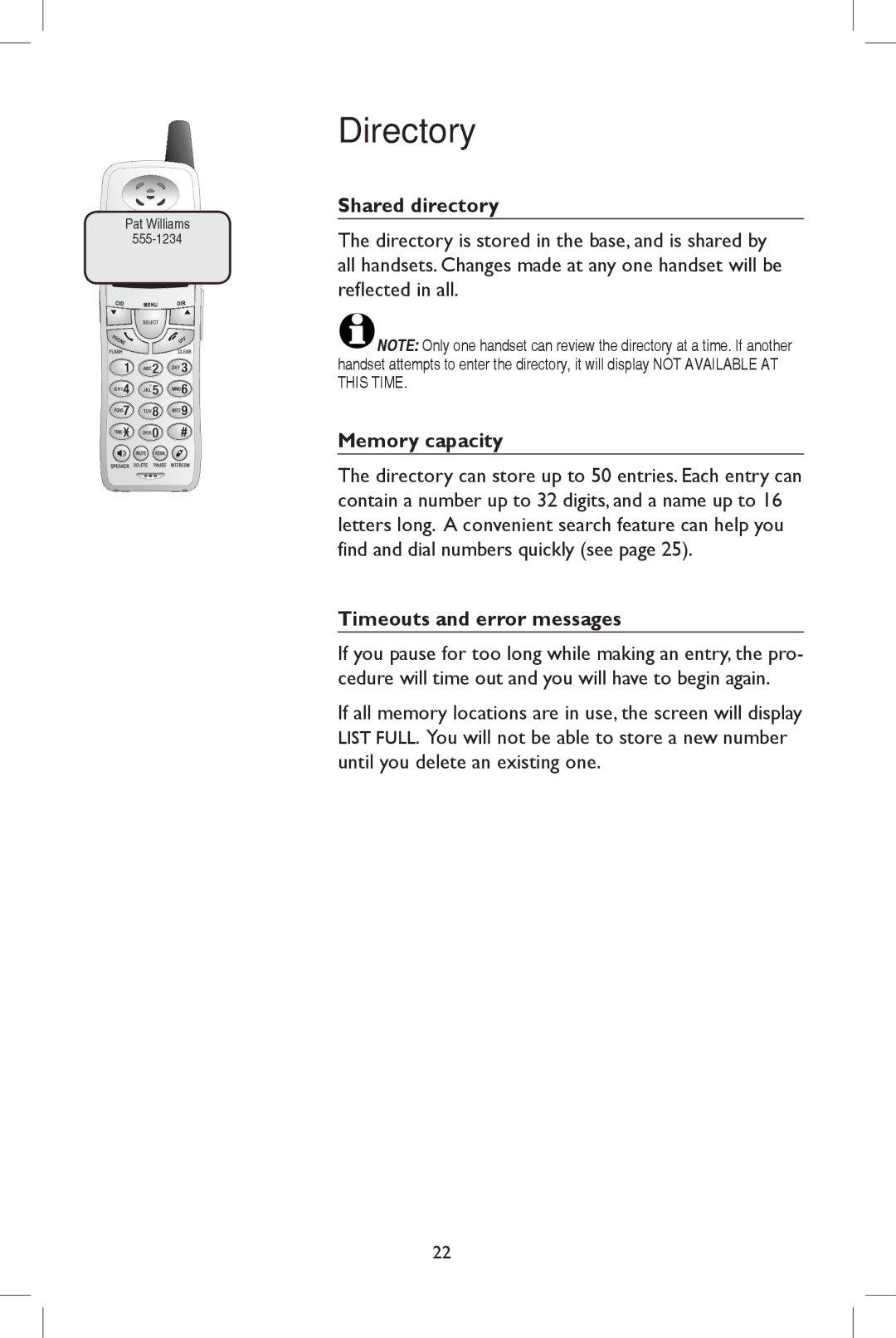 AT&T E5937 user manual Shared directory, Memory capacity, Timeouts and error messages 