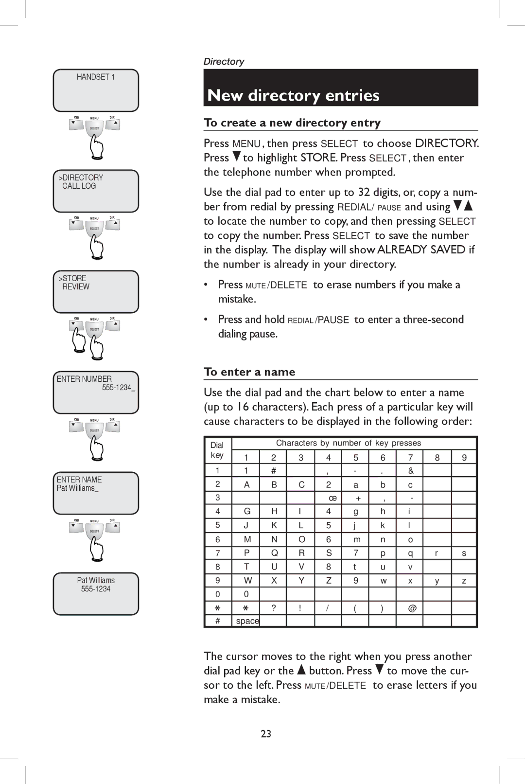 AT&T E5937 user manual New directory entries, To create a new directory entry, To enter a name 