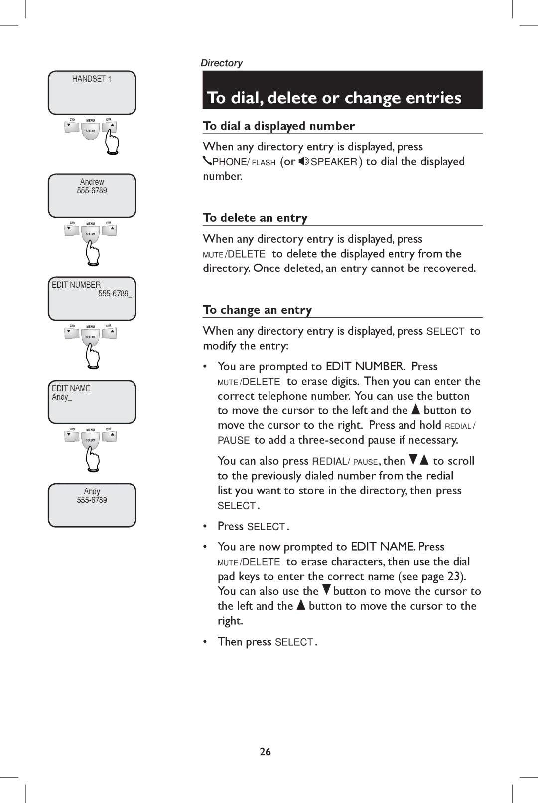 AT&T E5937 To dial, delete or change entries, To dial a displayed number, To delete an entry, To change an entry 