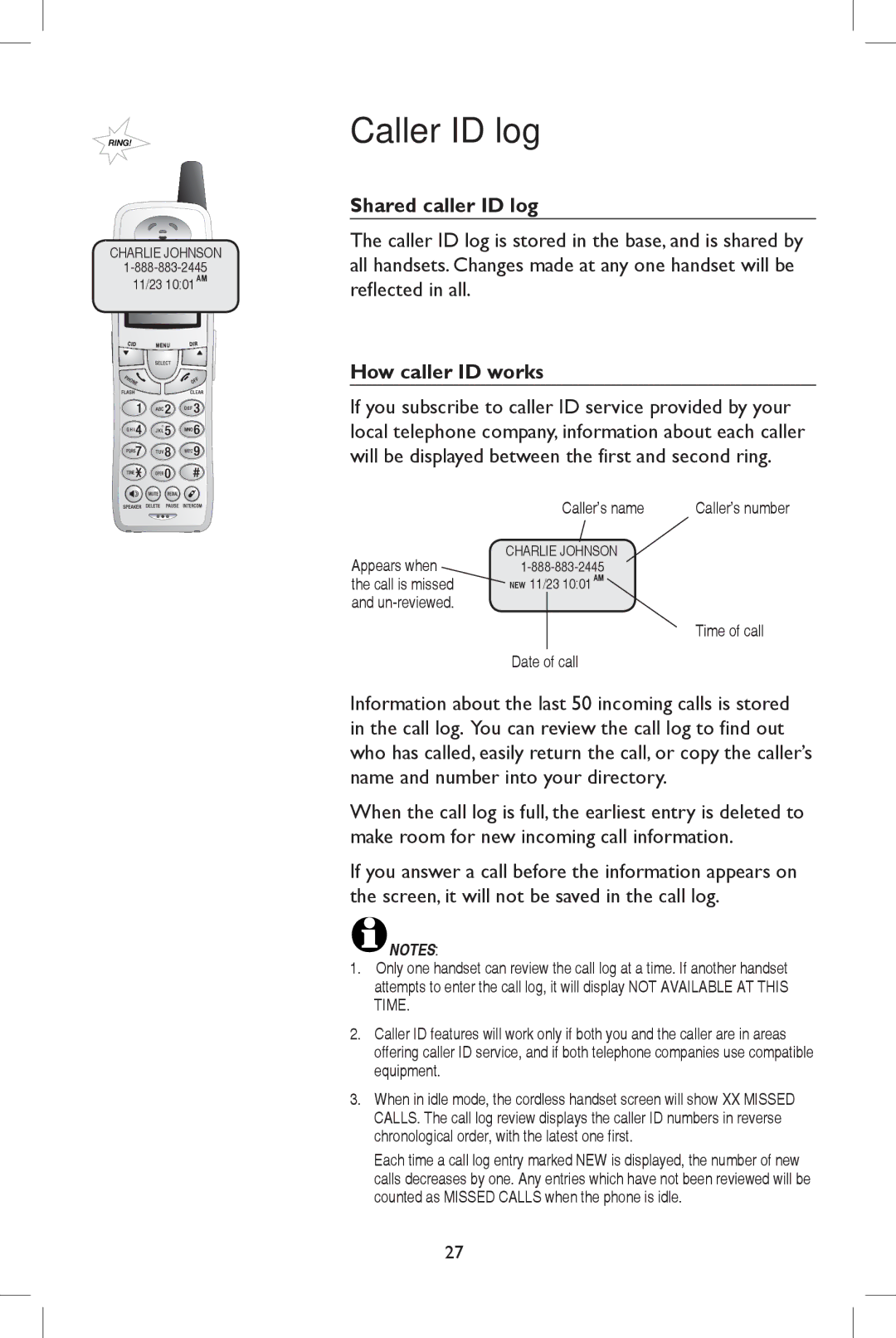 AT&T E5937 user manual Shared caller ID log, How caller ID works, Caller’s name, Time of call Date of call 